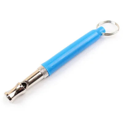A bright blue adjustable dog training whistle with a silver connector and metal loop for a lanyard.