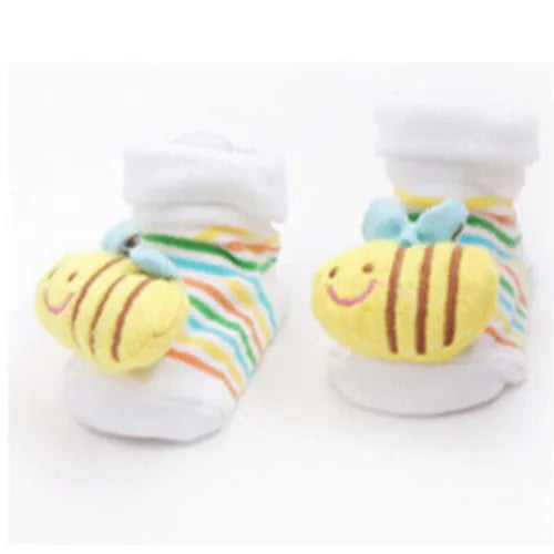 Pair of cute animal cartoon baby socks for toddlers featuring striped patterns and fruit designs