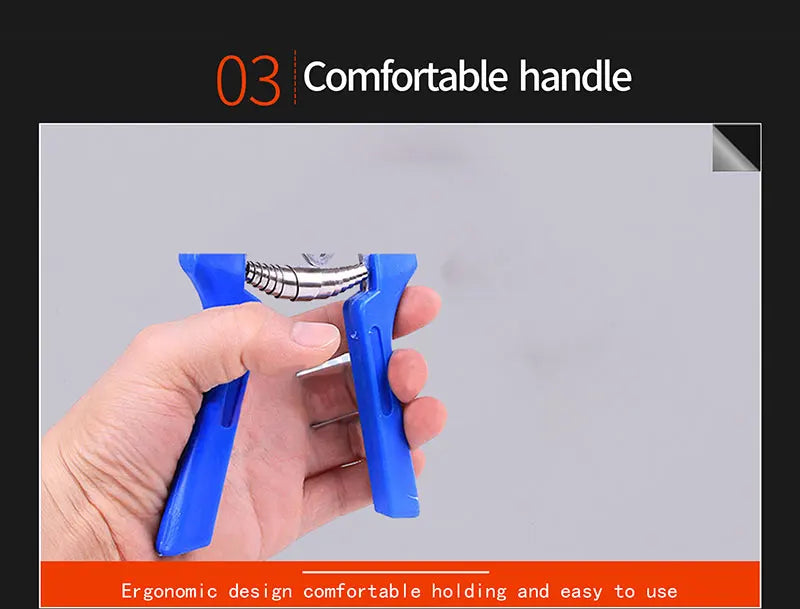 A hand holds a blue poultry cage pliers, demonstrating the comfortable handle and ergonomic design for easy use.