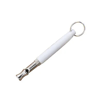White adjustable dog training whistle with a metal tip and a silver loop lanyard