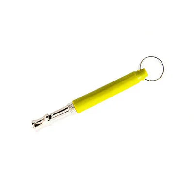 Yellow adjustable dog training whistle with a metal tip and lanyard ring.