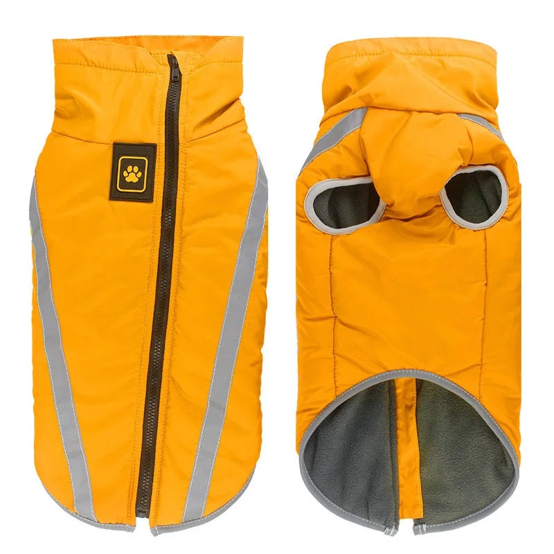 Manteau de chien orange rembourré avec bordure réfléchissante grise et fermeture éclair