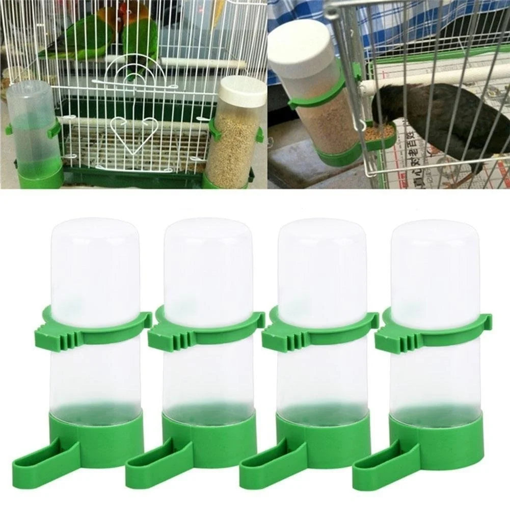 A set of green clip-on plastic bird feeder and waterer containers for small parrots and budgies