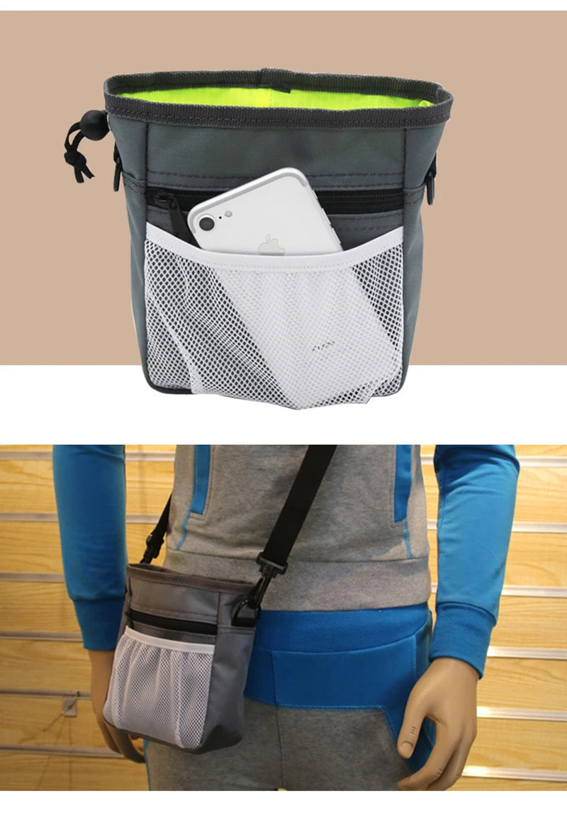 A gray pouch with a lime green lining and a mesh pocket is shown being worn on a person's belt.