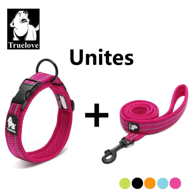 A pink padded nylon dog collar and leash set with a black buckle and reflective details.