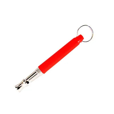 Red adjustable dog training whistle with a metal clip and lanyard.