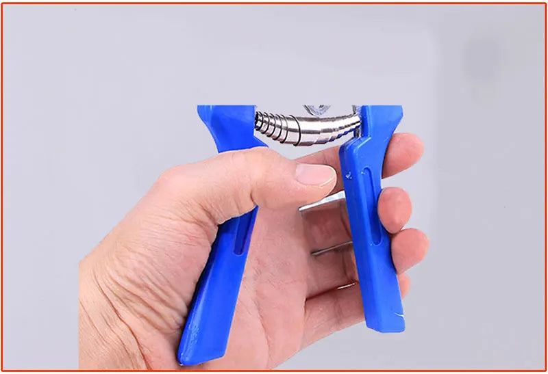 A hand holds a blue heavy-duty poultry cage pliers tool.