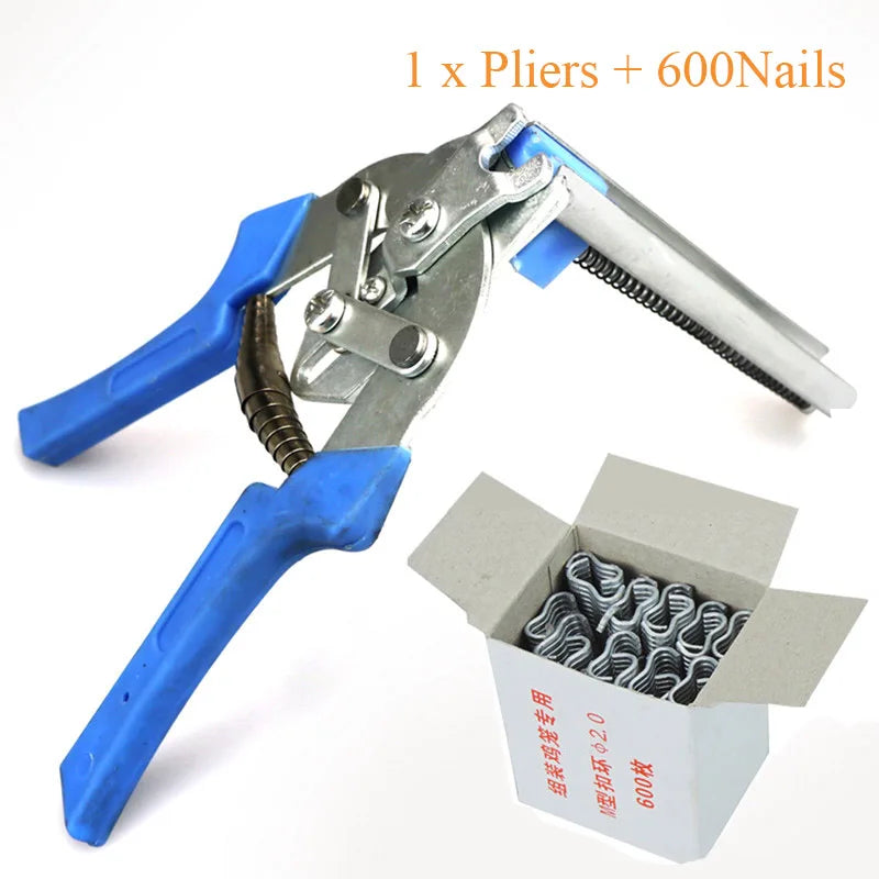 A pair of silver and blue heavy-duty pliers with 600 nails inside a cardboard box.