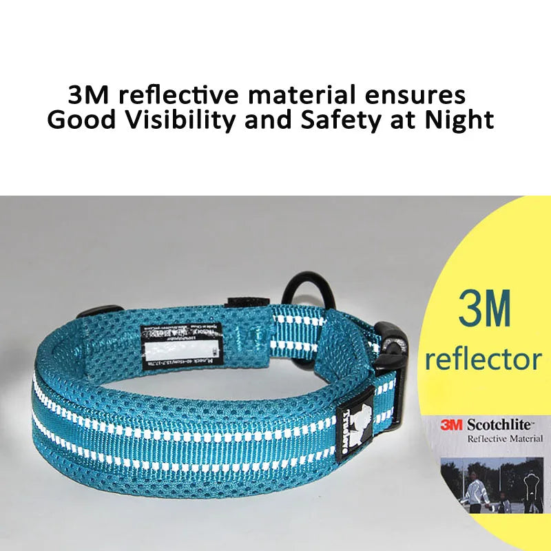 A blue reflective nylon dog collar and leash set with white reflective strips.