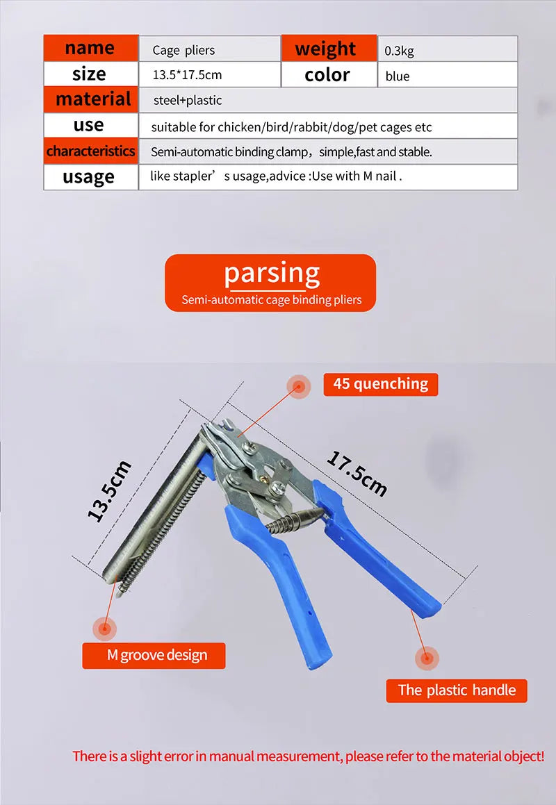 A pair of blue semi-automatic cage binding pliers with an M groove design and a plastic handle.