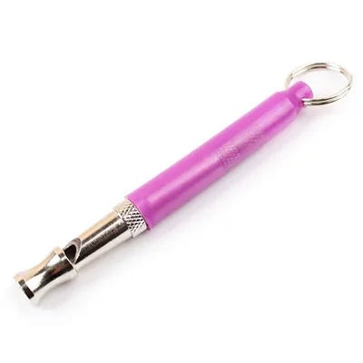 A bright purple adjustable dog training whistle with a metal connector and lanyard ring.