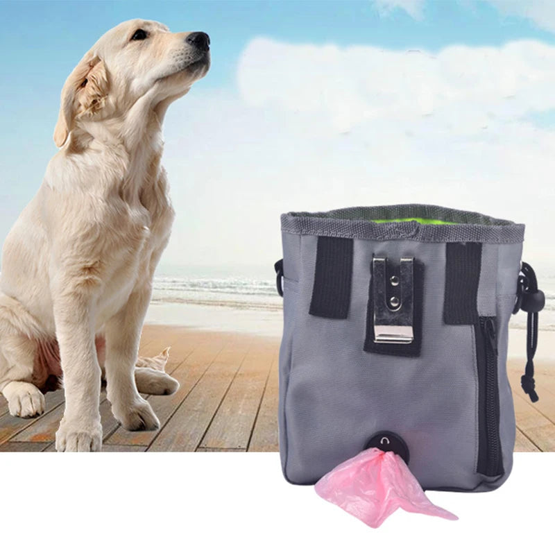 A gray hands-free dog training treat pouch with a black belt clip is shown next to a light-colored dog.