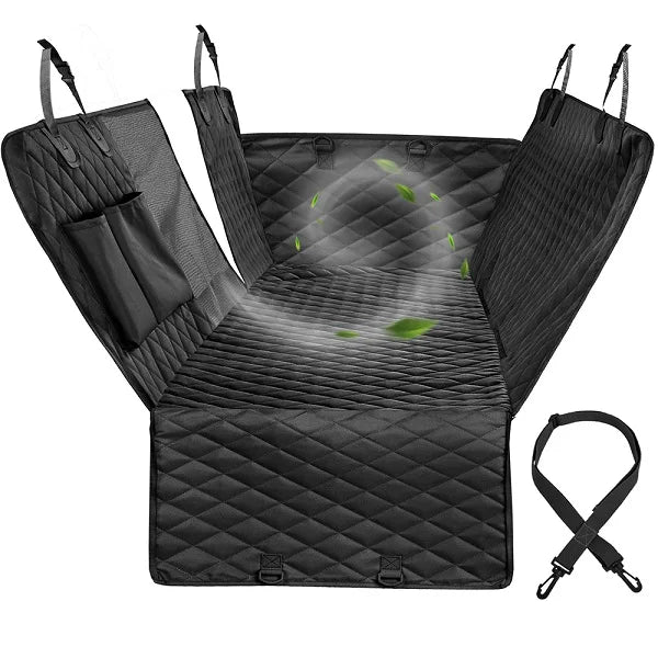 Black waterproof dog car seat cover with a hammock and mesh window for pets