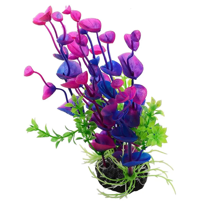 Artificial aquarium plant featuring vibrant purple and magenta flowers with green foliage.
