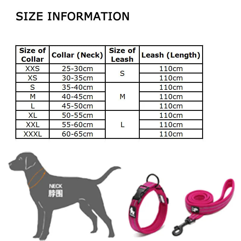 A black dog is shown next to a pink reflective nylon collar and leash set.