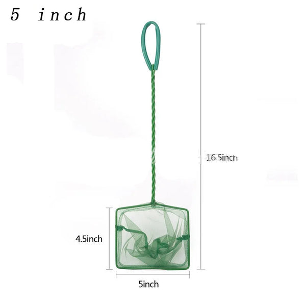 A green long-handle aquarium fish net with a 5 inch length and a 4.5 inch wide net section.