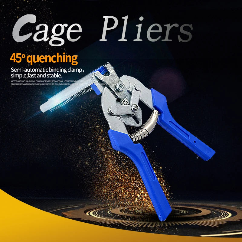 A blue and silver heavy-duty poultry cage pliers with a serrated jaw is shown against a dark background.