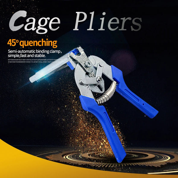 A blue and silver heavy-duty poultry cage pliers with a serrated jaw is shown against a dark background.