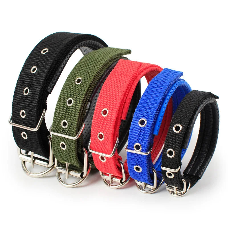 A collection of five soft cotton adjustable dog collars in black, olive green, red, and blue.