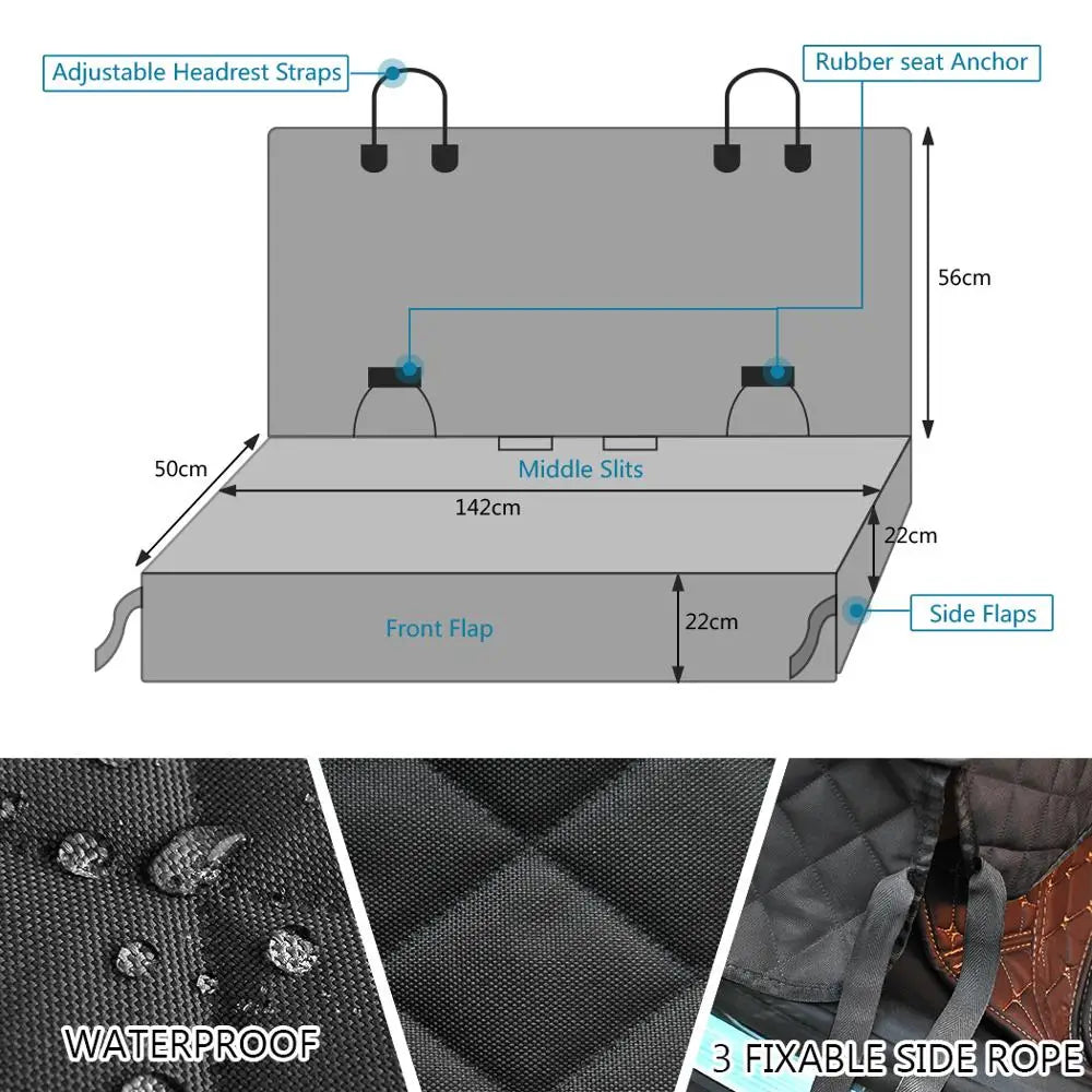 Diagramme montrant les caractéristiques réglables et la construction d'une housse de siège auto imperméable pour chien avec a