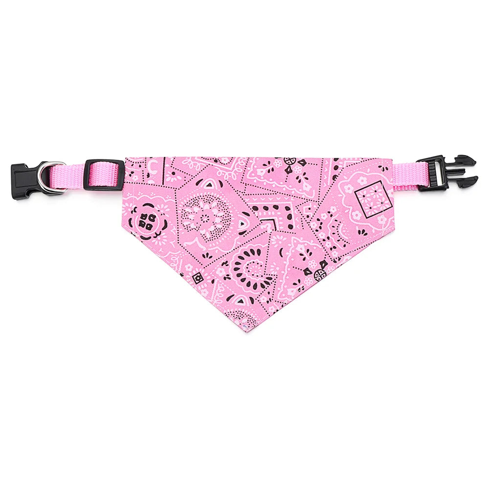 Pink patterned bandana for dogs and cats with black hardware