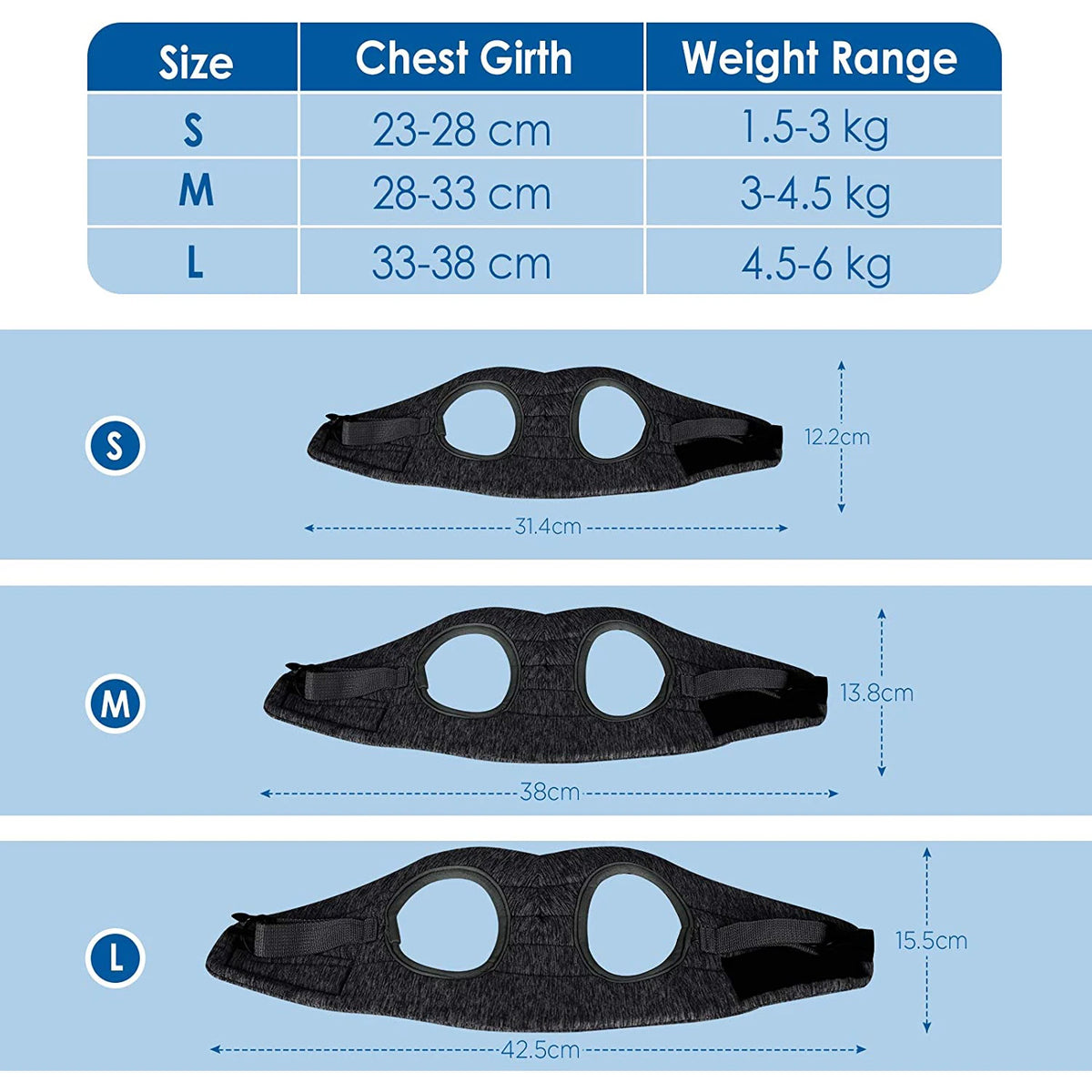 Three sizes of black adjustable escape-proof cat harnesses shown side by side with corresponding measurements.