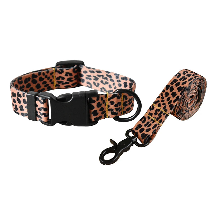 A leopard print dog collar and leash set with black hardware.