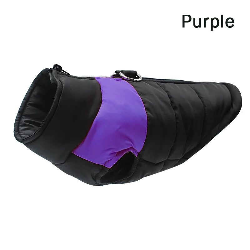 A black padded dog jacket with a purple interior lining.