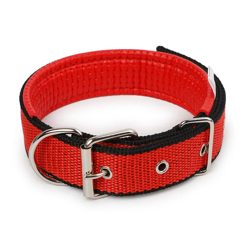 A red and black soft cotton adjustable dog collar with a silver buckle.
