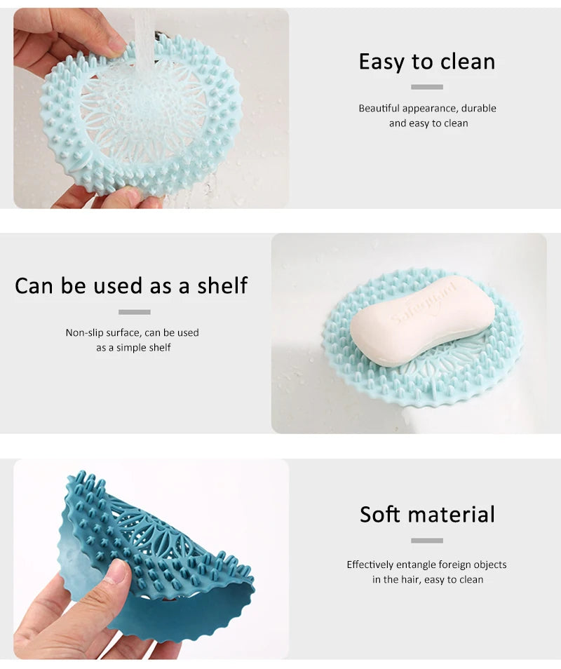 A light blue silicone drain cover with a textured surface and handle is shown being held and used for cleaning hair or debris