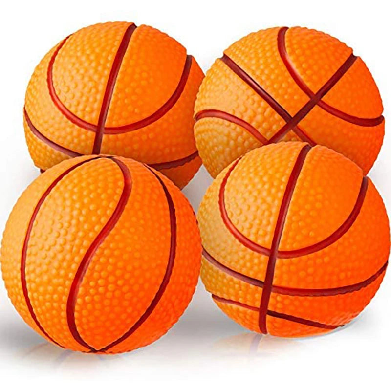 Orange durable bouncy dog ball with black stitching shown from multiple angles