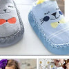 Pair of cute animal cartoon baby socks featuring a gray and blue design with a bow detail.