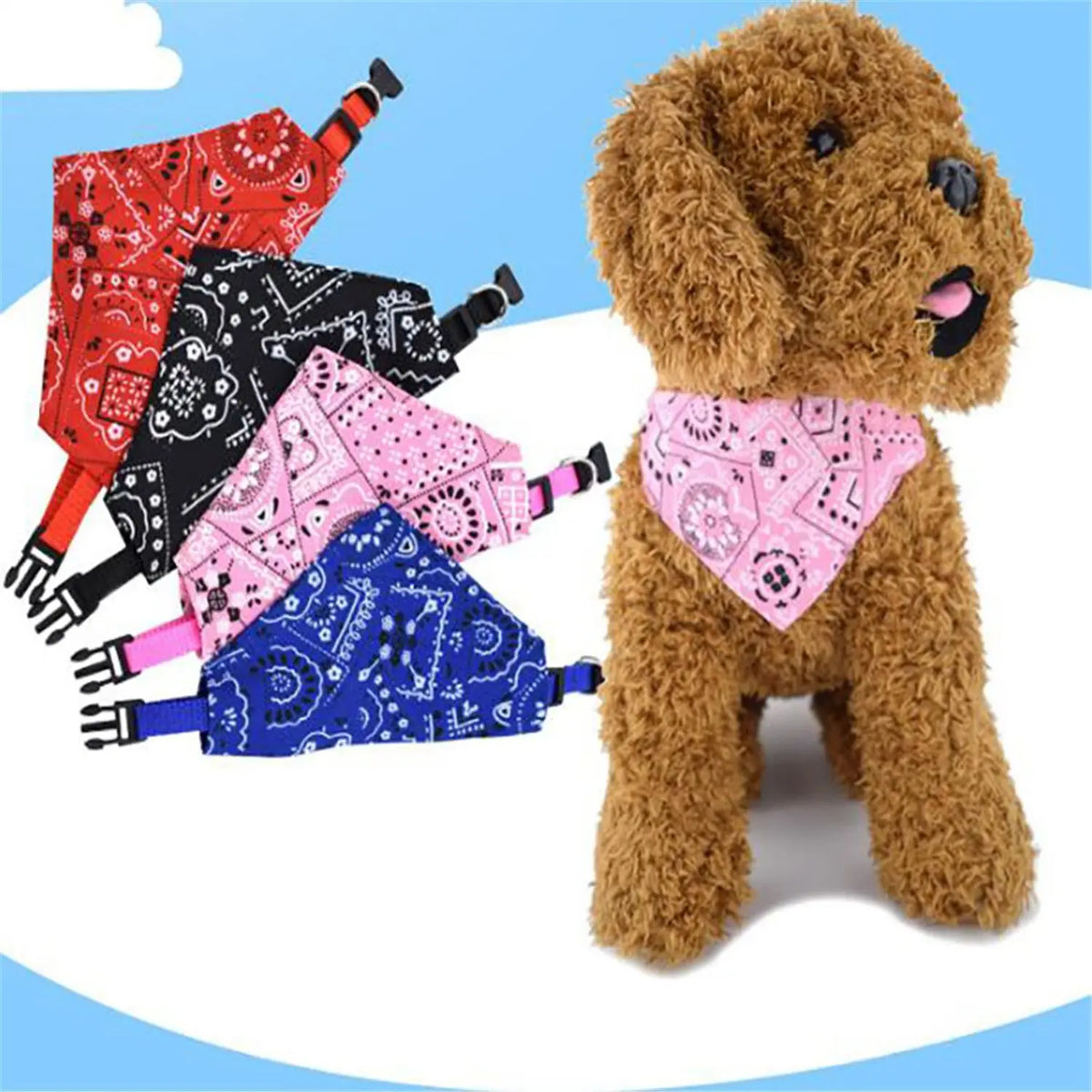 A brown dog stands next to several colorful, patterned fabric bandanas for pets.