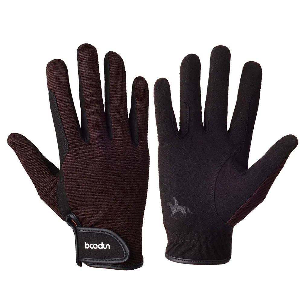 A pair of dark brown equestrian riding gloves with black palms and a small silver logo on the back