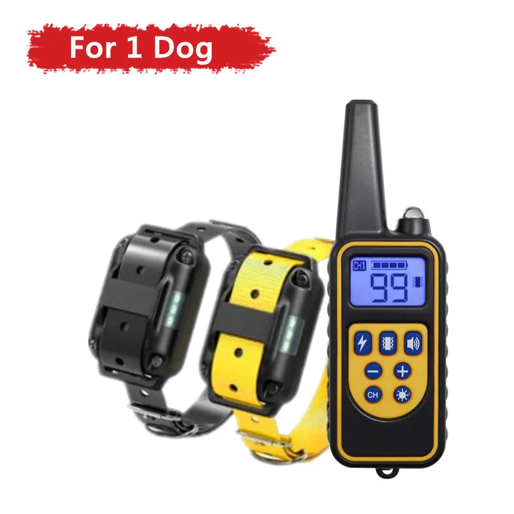 Black remote dog training collar with yellow strap and digital display