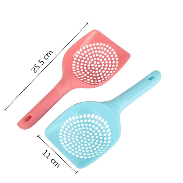 A pink and blue pet litter scoop with a hollow sifting head shown against a white background.