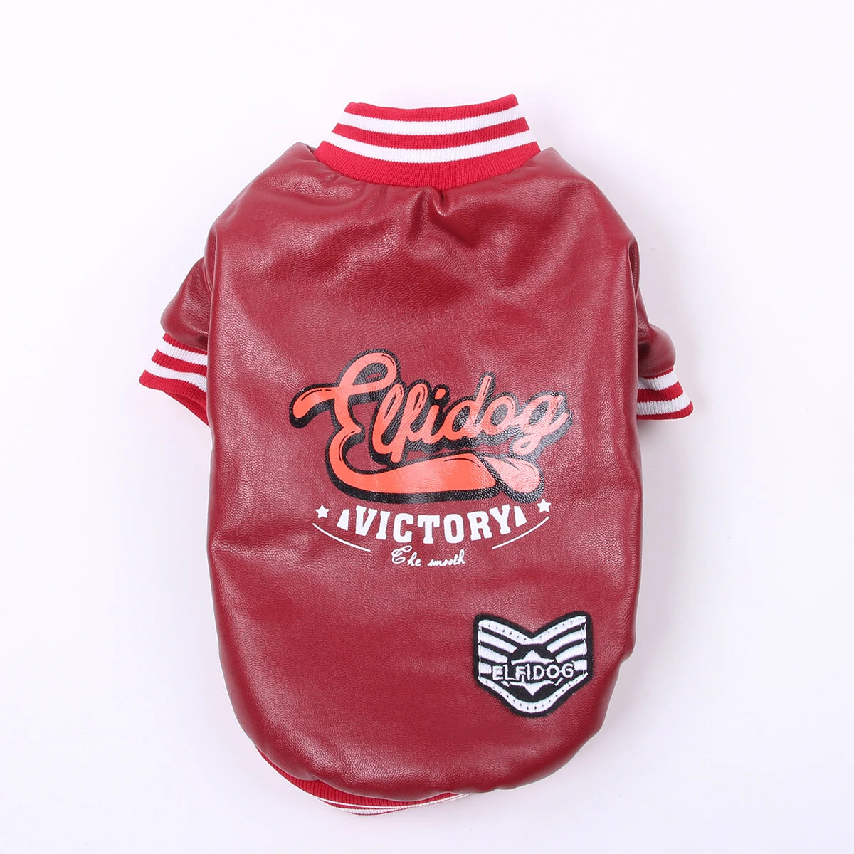 A maroon faux leather dog coat with white striped trim and embroidered text