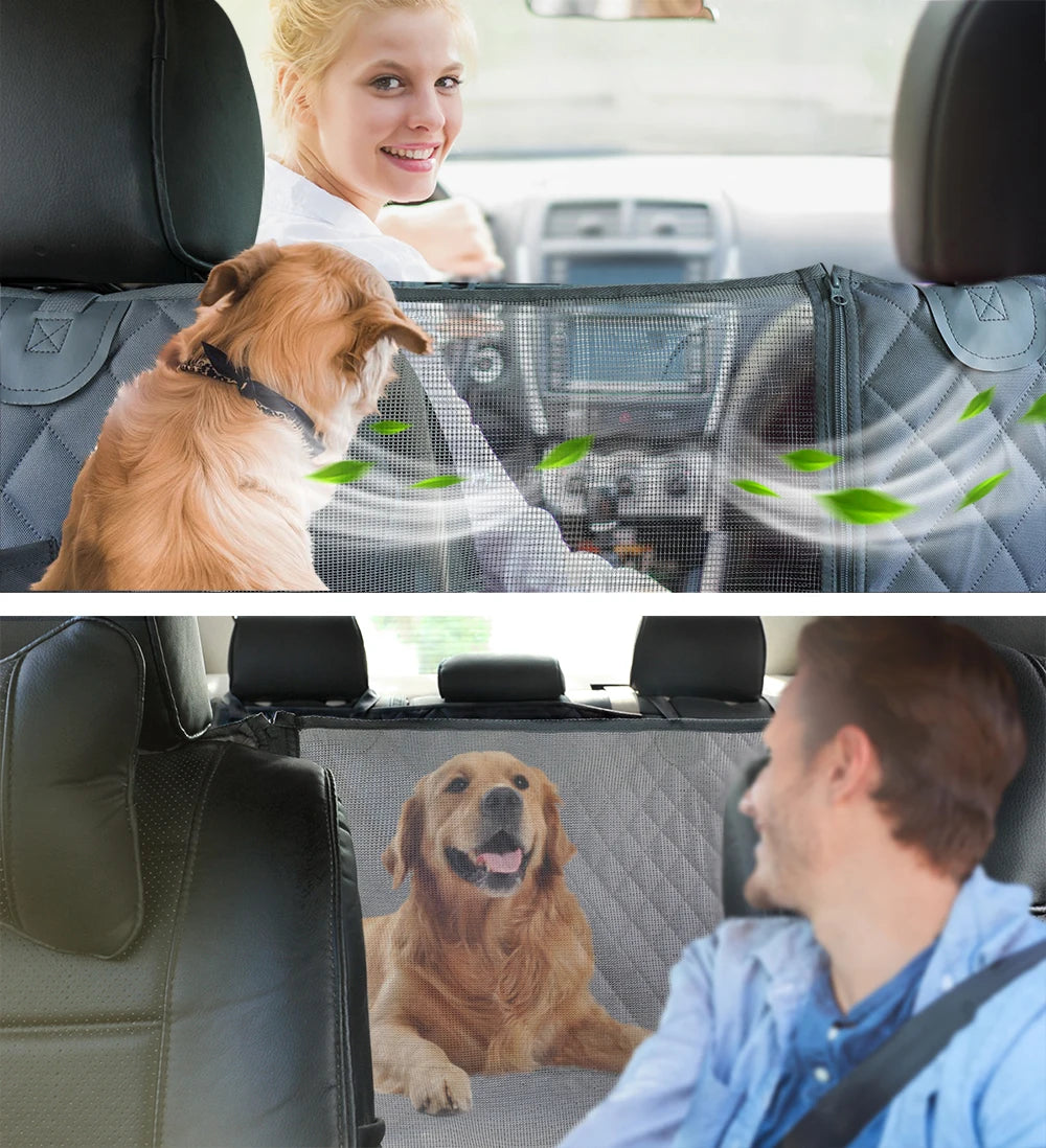 A dog is sitting in a waterproof car seat cover with a hammock and mesh window, shown inside a vehicle.