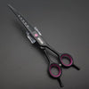 Ein Paar schwarze professionelle Haarscheren für Haustiere mit silbernen Spitzen und rosa Akzenten.