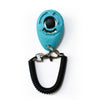 A teal pet training clicker with a black eye and a black wrist strap attached.