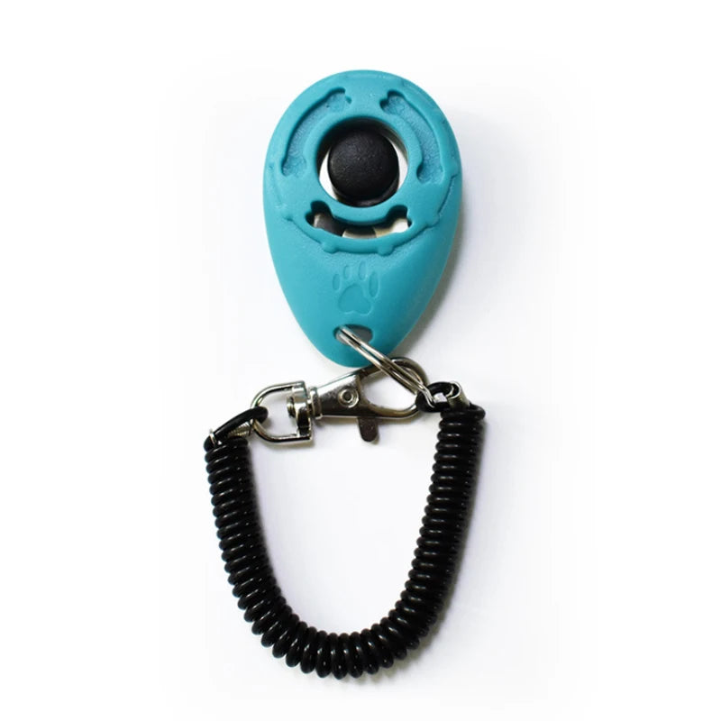 A teal pet training clicker with a black eye and a black wrist strap attached.