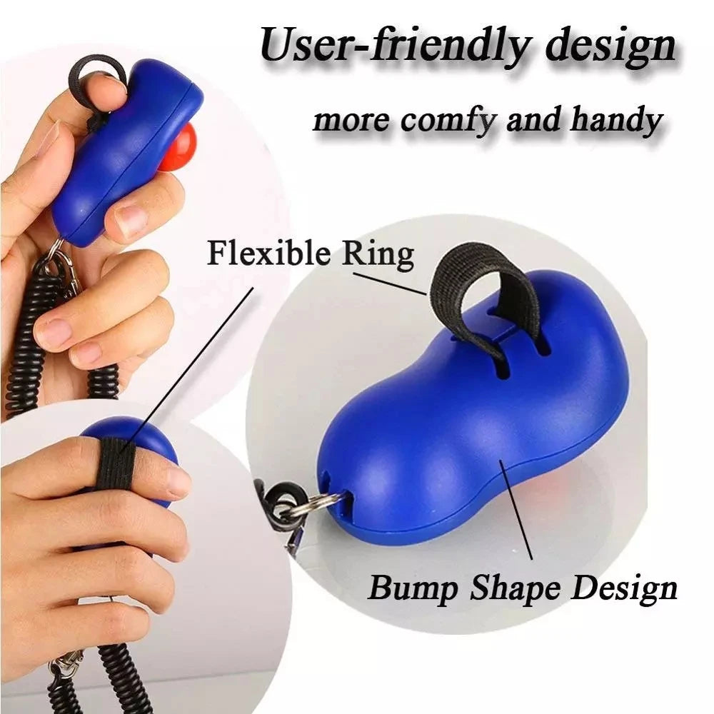 Blue pet training clicker with a flexible ring and thumb loop shown being held by a hand.