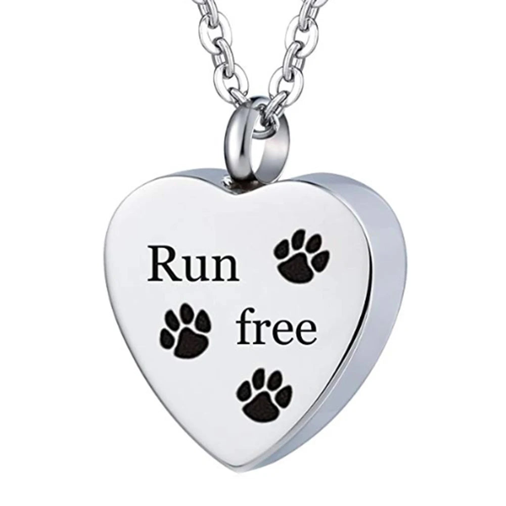 Silver heart-shaped stainless steel necklace with paw prints engraved on it