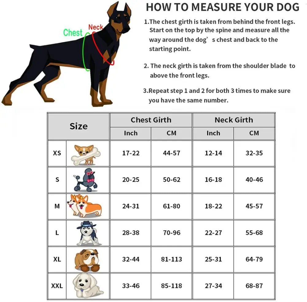 Diagram showing how to measure a dog's chest and neck girth for sizing a no-pull harness vest