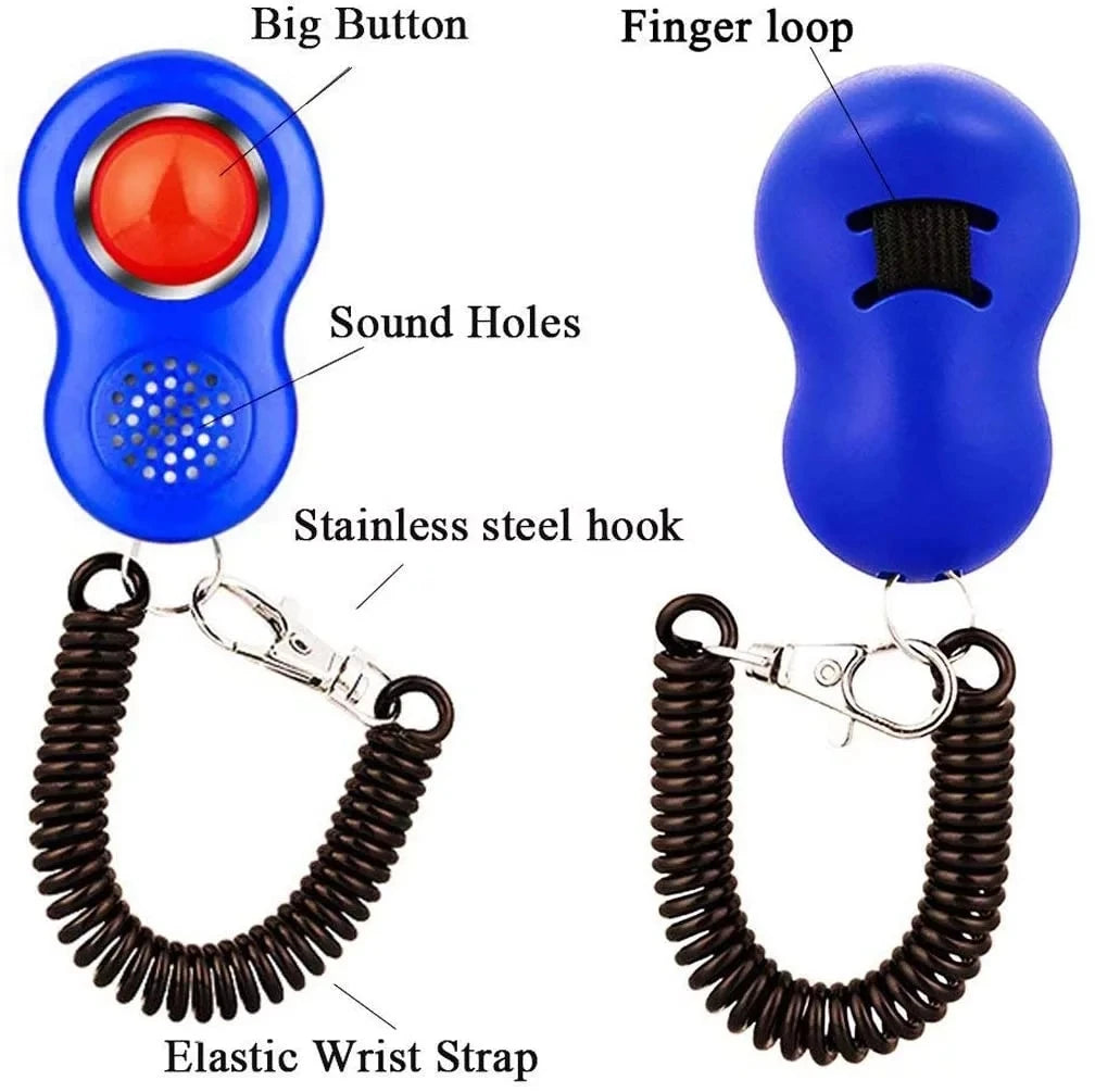 A blue pet training clicker featuring a big button, sound holes, stainless steel hook, finger loop, and elastic wrist strap.