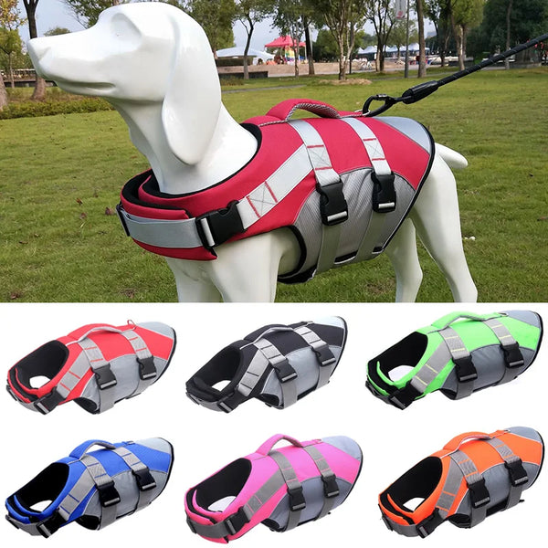 Various reflective summer life jackets for small to medium dogs shown in different colors and angles