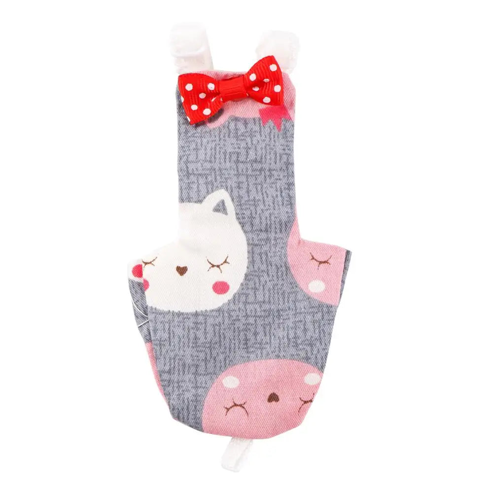 A reversible parrot diaper featuring a gray pattern and a red bow tie detail.