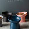 Three ceramic food bowls in black, blue, and pink are displayed on a gray surface.