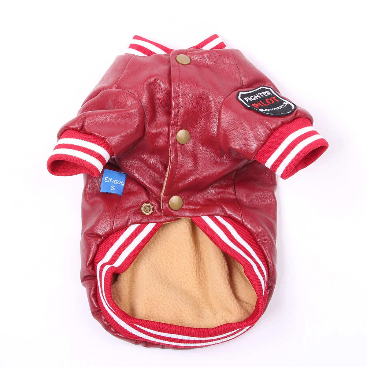 A red faux leather dog coat with white stripes and a tan fleece lining.