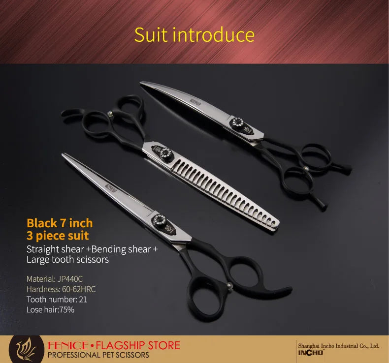 Professional 3-Piece Dog Grooming Scissors Set — Straight, Thinning & Curved